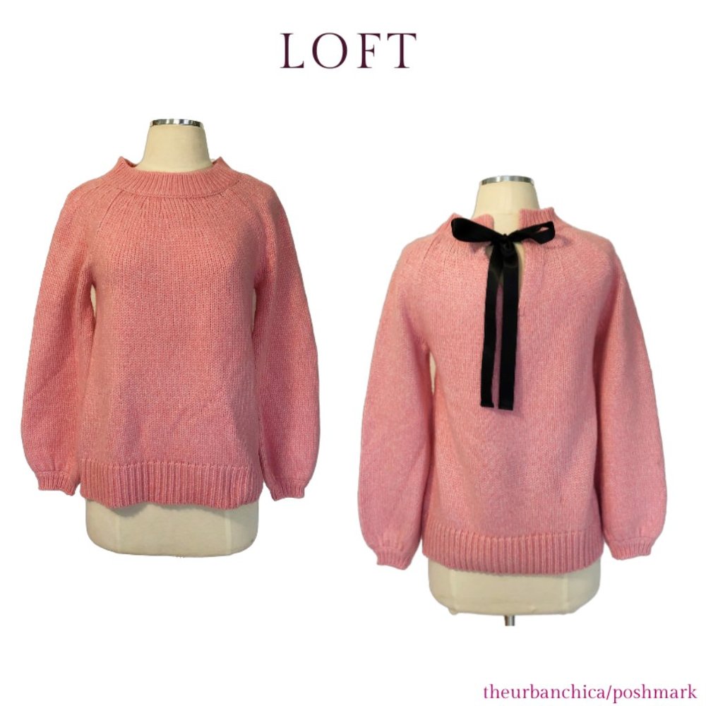 NWT LOFT Soft Pink Sweater Blk Back Ribbon Tie